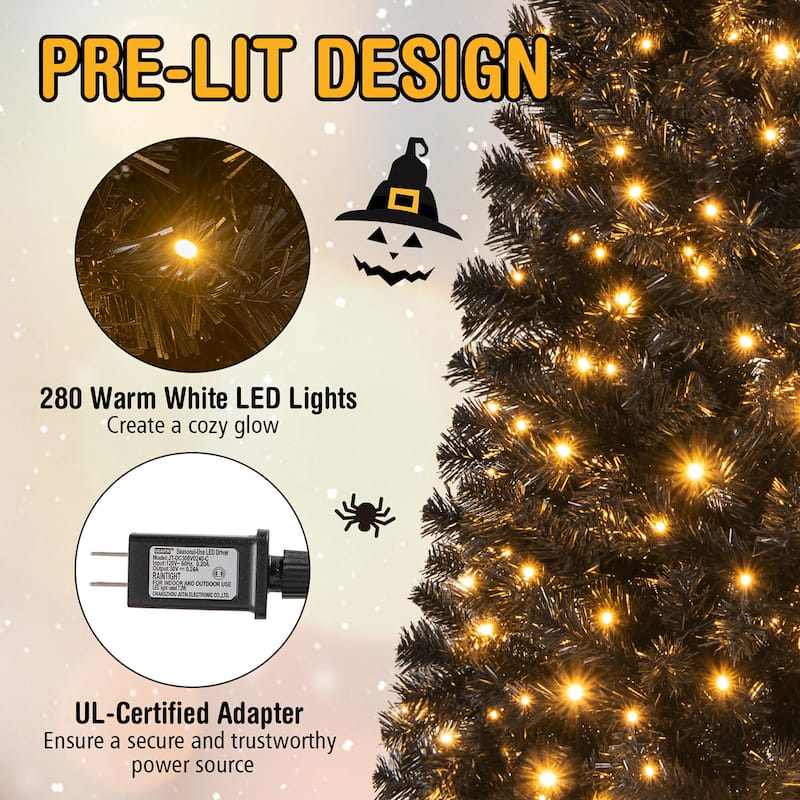 Gymax 6/7 FT Pre-lit Black Christmas Tree Artificial PVC Slim Pencil - See details