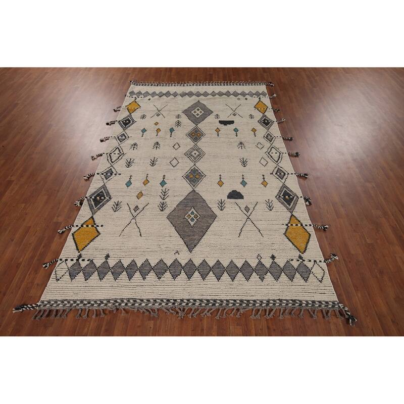 Geometric Moroccan Area Rug Hand-Knotted Wool Carpet - 6'8"x 11'0"