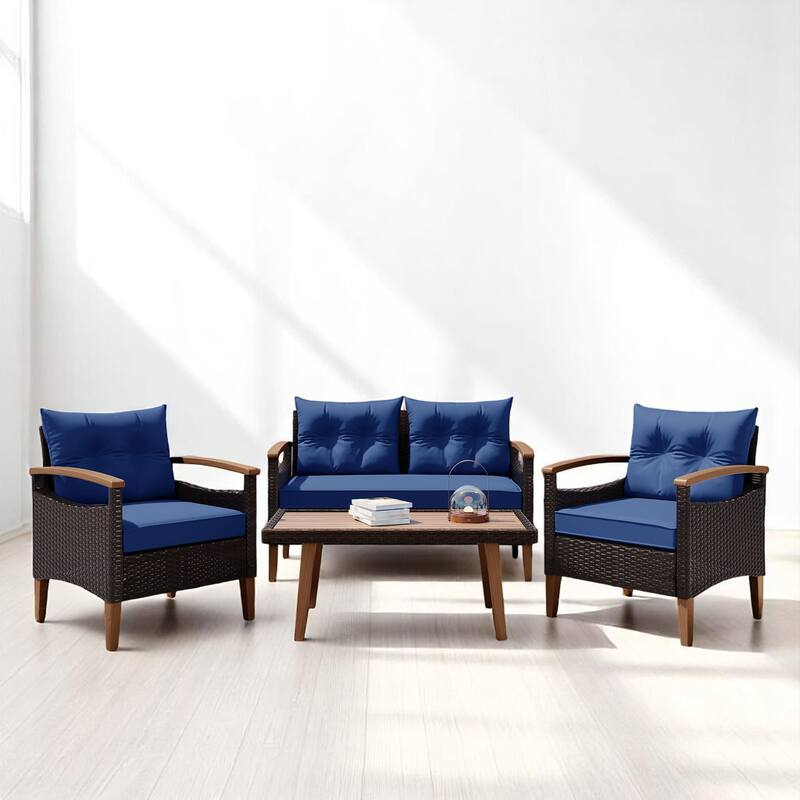 4-Piece Outdoor Wicker Sofa Set with Armrests, Coffee Table, Cushions, Pillows, and Protective Cover,outdoor Patio Furniture set - Blue
