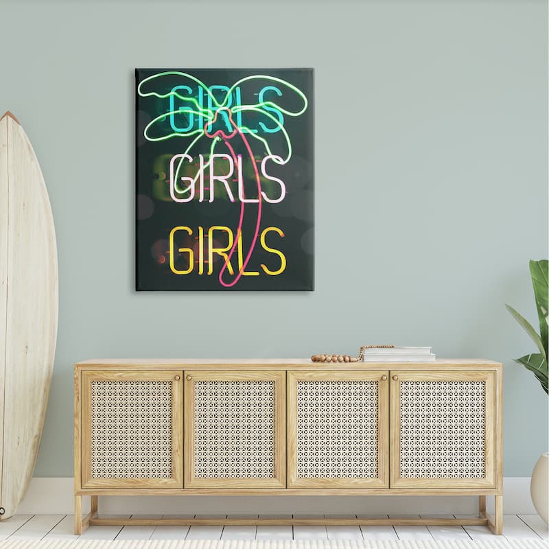 Stupell Girls Neon Style Palm Tree Tropical Design Canvas Wall Art ...