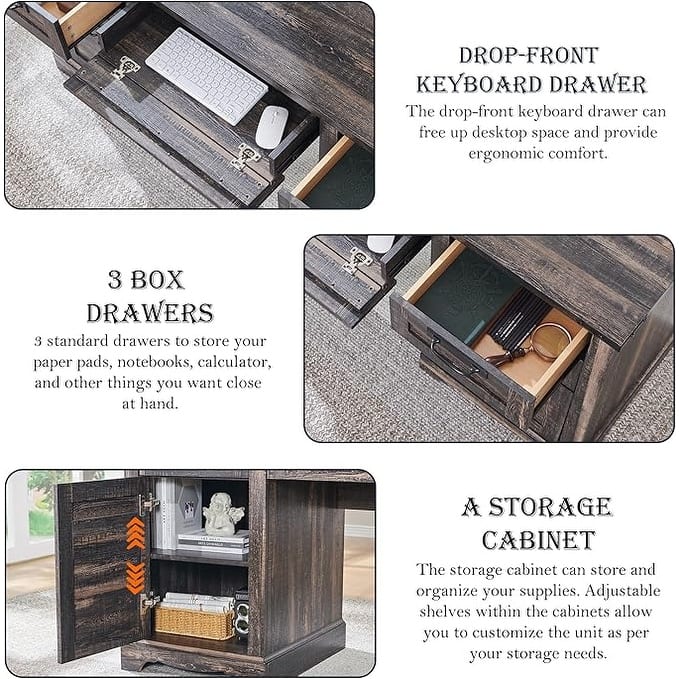 60" Farmhouse Executive Desk, Wood Home Office Desk, Computer Desk