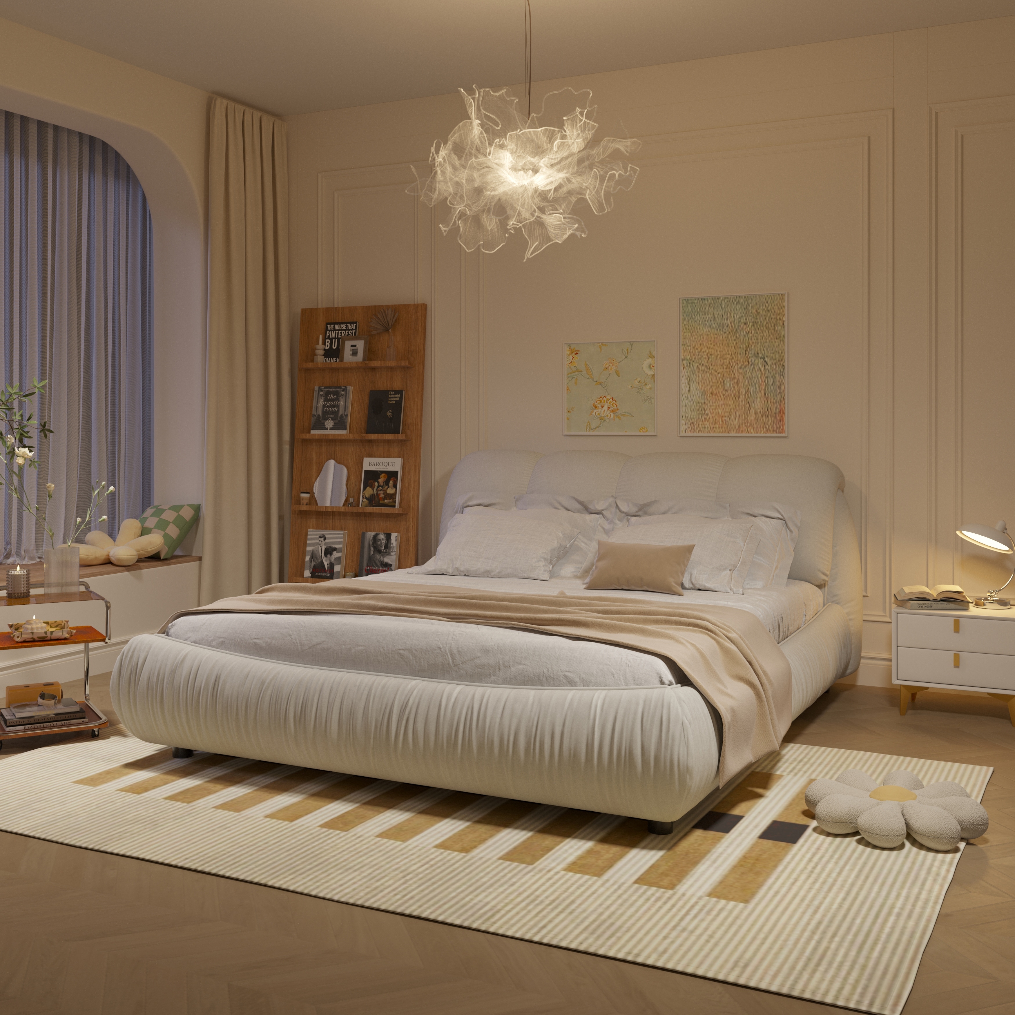 Queen Upholstered Platform Bed with Oversized Padded Backrest, Beige