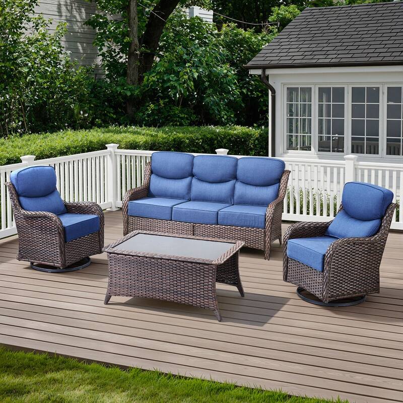 Arcadia 4-Piece Wicker Outdoor Patio Conversation Set with Swivel Gliders and 6-Inch Thick Olefin Cushions