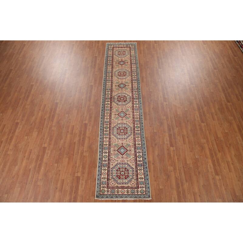 Hand Knotted Oriental 100% Wool Carpet Traditional Geometric Beige & Ivories Kazak Runner Rug - 12' 9'' X 2' 9''