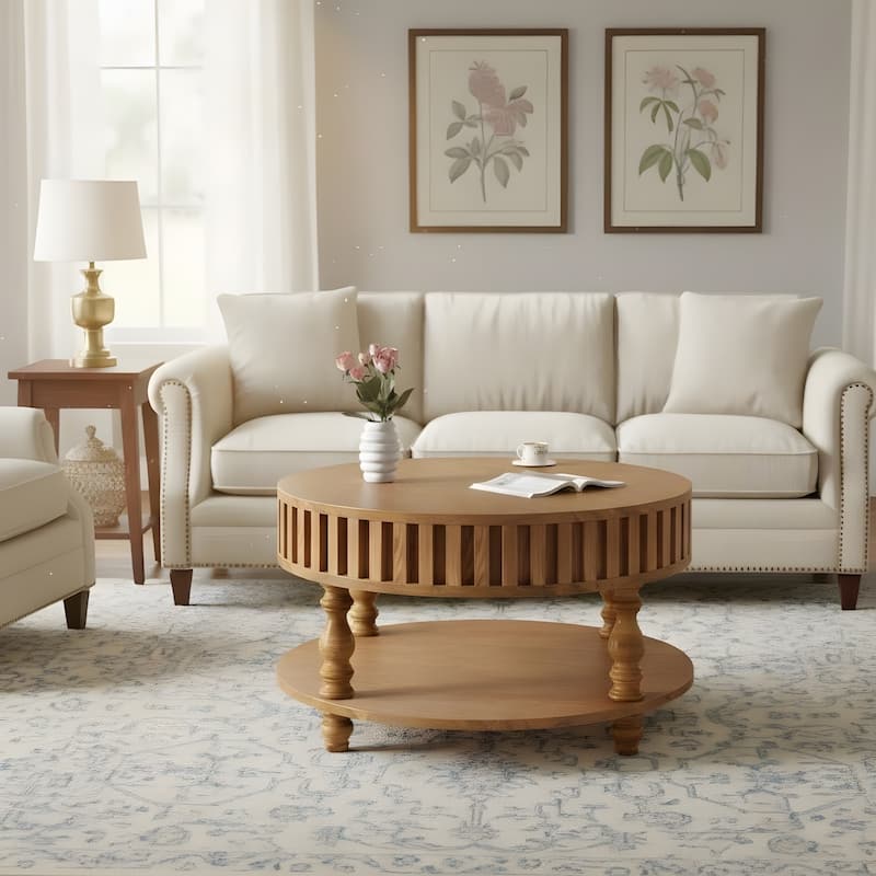 Farmhouse Fluted Coffee Table with Storage and Flip-Top Lids