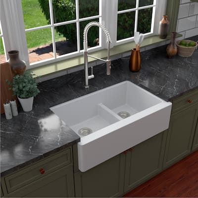 Karran Farmhouse/Apron-Front Quartz Double Bowl Kitchen Sink