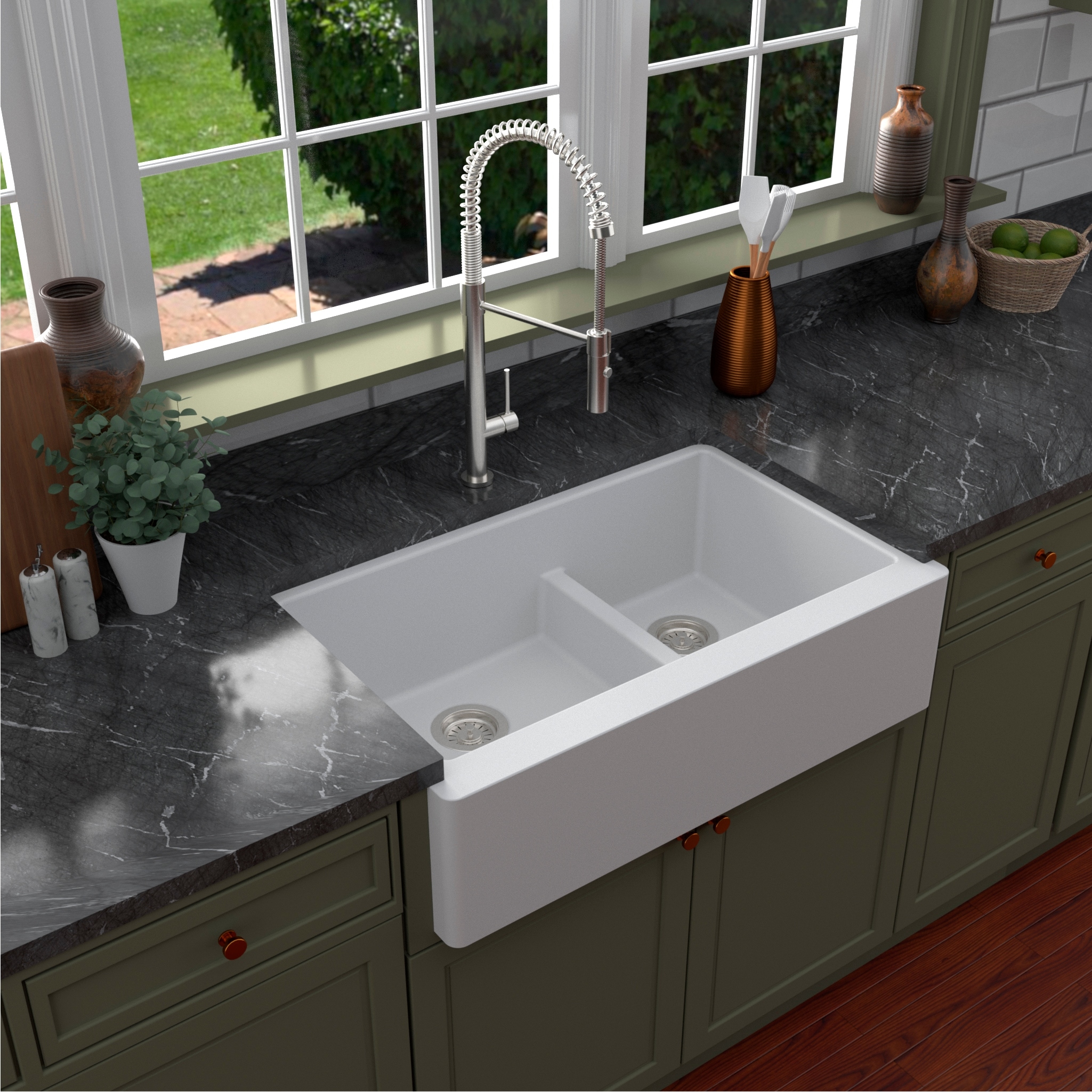 Karran Farmhouse/Apron-Front Quartz Double Bowl Kitchen Sink