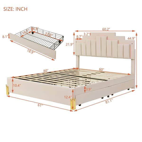 dimension image slide 0 of 6, Queen/Full Upholstered Platform Bed with LED Lights & 4 Drawers