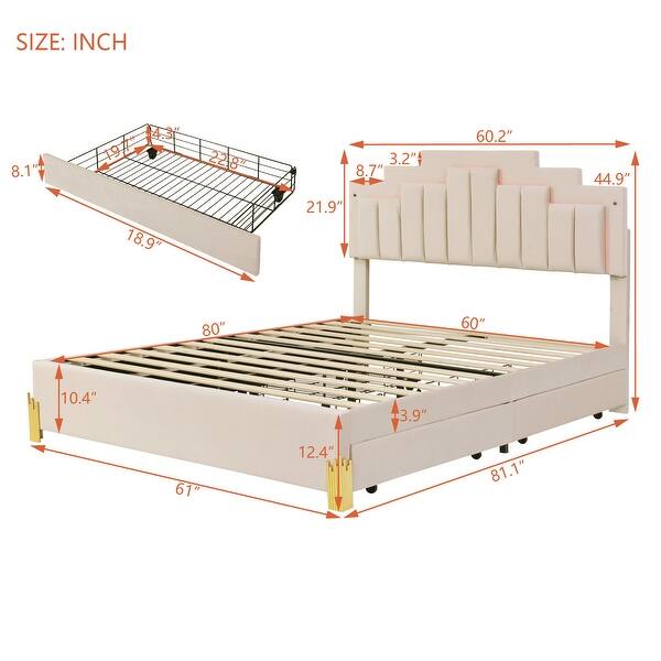 dimension image slide 1 of 3, Queen Velvet Platform Bed with RGB Lights & 4 Drawers - Modern Design