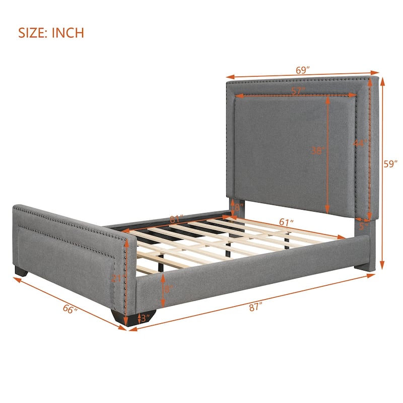 Queen Size Upholstered Bed, Upholstered Bed with Wooden Slats Support
