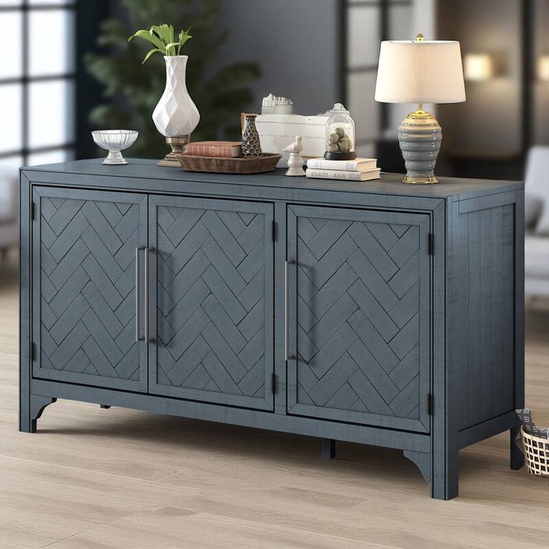 60" Storage Sideboard Cabinet with Pine Veneer, 3 Doors, Adjustable Shelves, MDF Frame for Entryway or Study Room