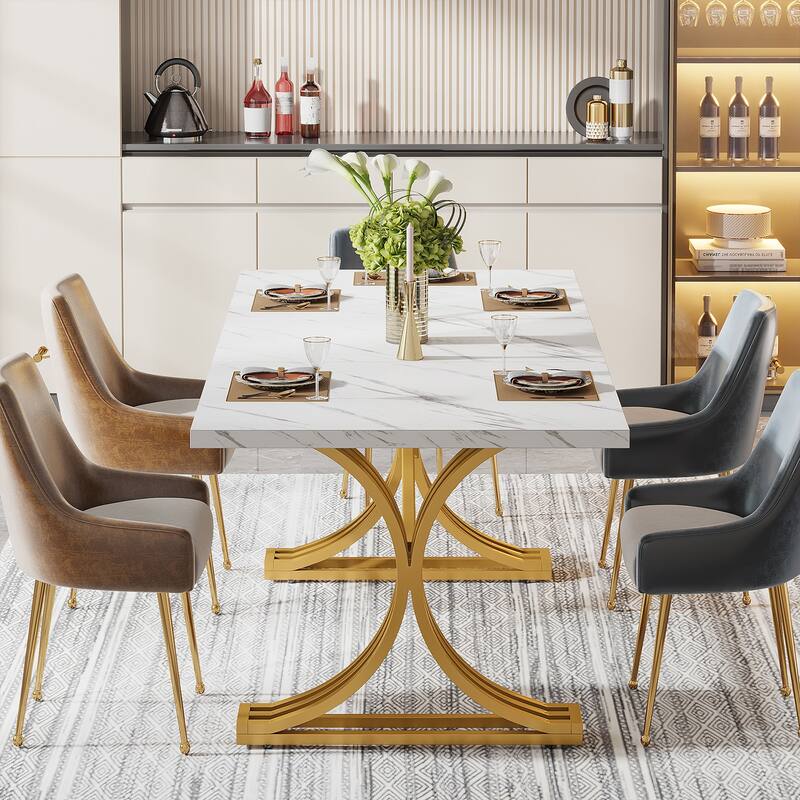 63'' Modern Dining Table Kitchen Table with Faux Marble Tabletop Golden ...