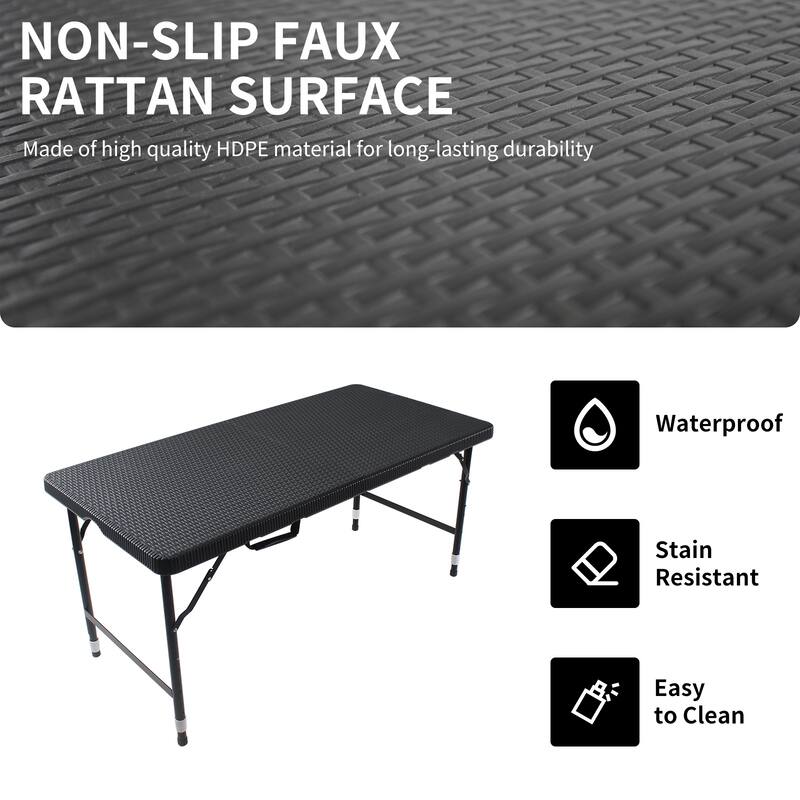 Rattan Folding Table for Indoor&Outdoor,Portable Foldable Table Rattan Plaited - Black