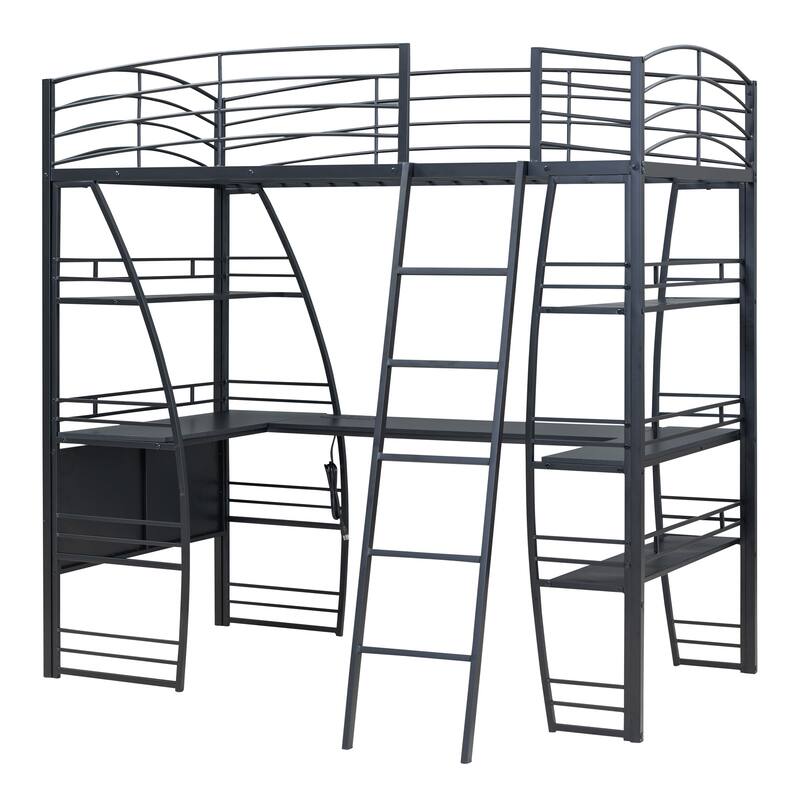 Metal Loft Bed Frame, Under Bed with 4 Layers of Shelves & L-shaped Desk, Desktop with Sockets, USB Ports, Wireless Charging