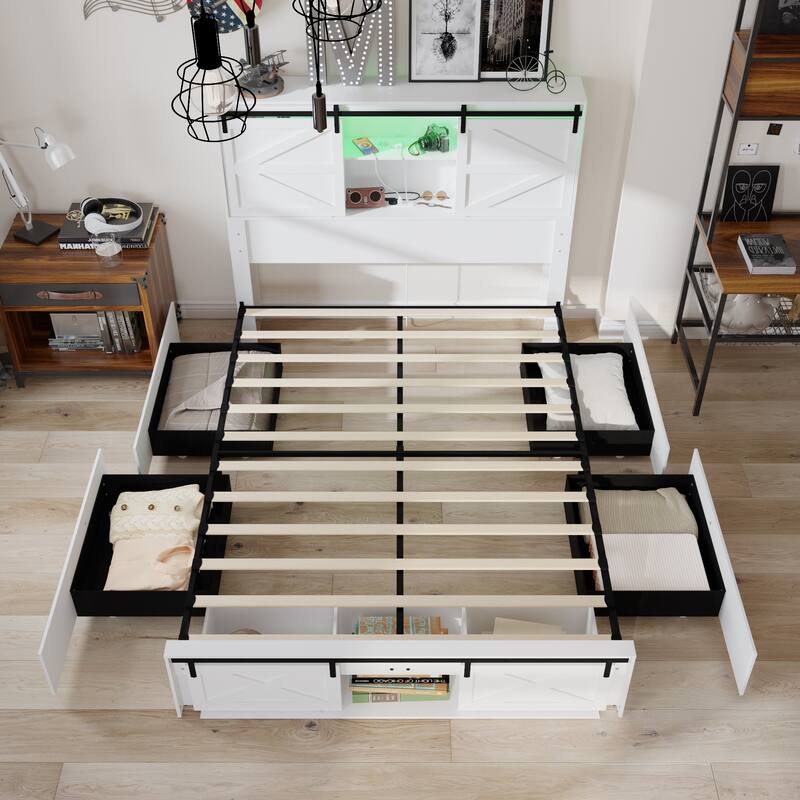 Storage Bed Queen Size Bed Frame w/Charging Station Light Drawers