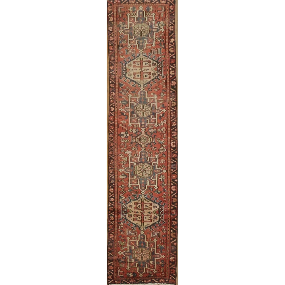 Hand Knotted Oriental 100% Wool Carpet Traditional Tribal Red Gharajeh Runner Rug - 10' 8'' X 2' 8''
