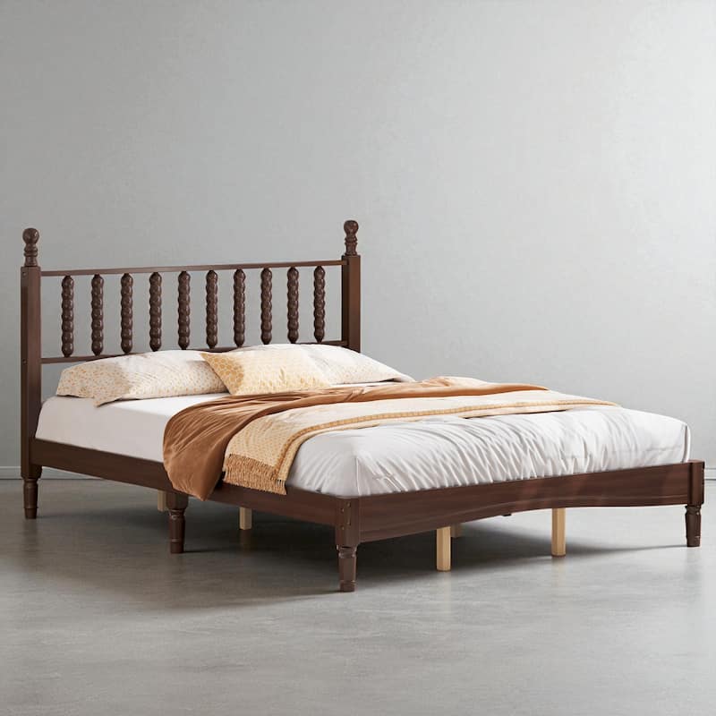 Queen Size Retro Wood Platform Bed with Gourd Shaped Headboard and Wooden Slats