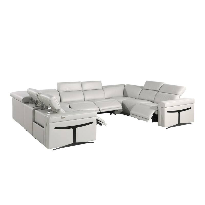 HomeRoots Light Gray Italian Leather Power Reclining U Shaped Eight Piece Corner Sectional With Console