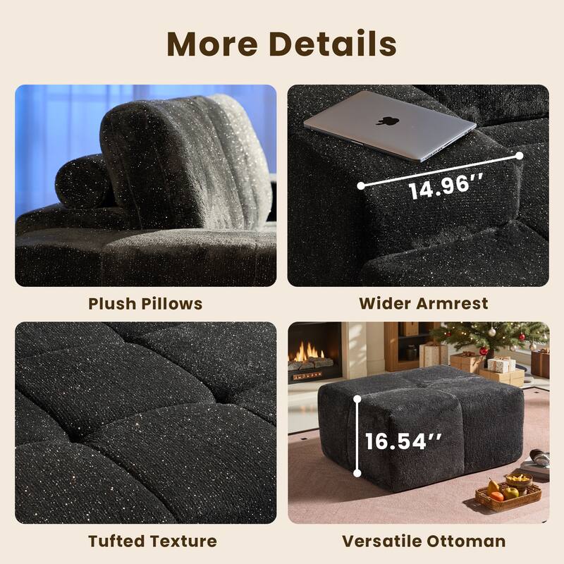 HOOOWOOO Modern Sparkly Velvet Fabric Chaise Sofa Couch with Ottoman