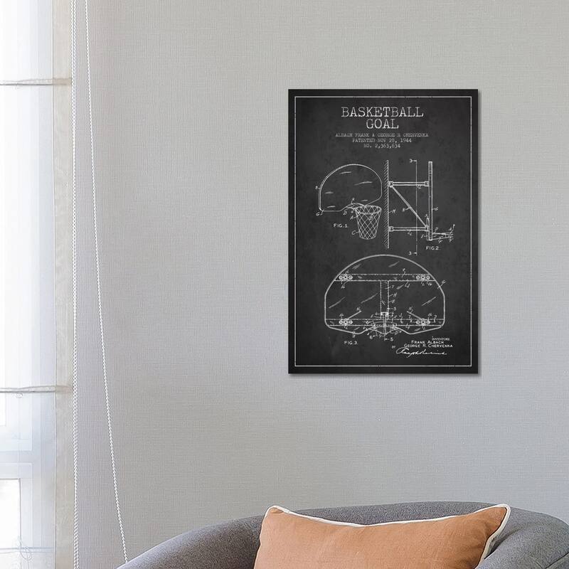 iCanvas "F. Albach & G.R. Chervenka Basketball Goal Patent Blueprint (Charcoal)" by Aged Pixel Canvas Print - 26x18x1.5