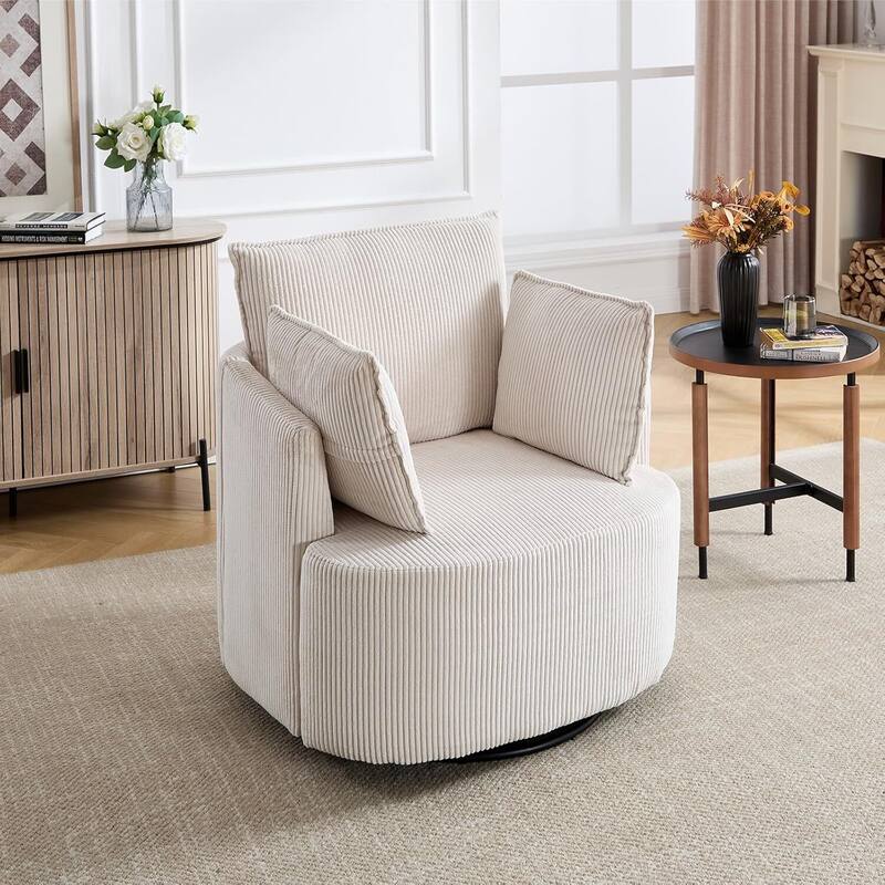 Swivel Accent Chair,360°Swivel Barrel Chair with 3 Pillows Corduroy Round Armchair Single Sofa Chair for Living Room Bedroom