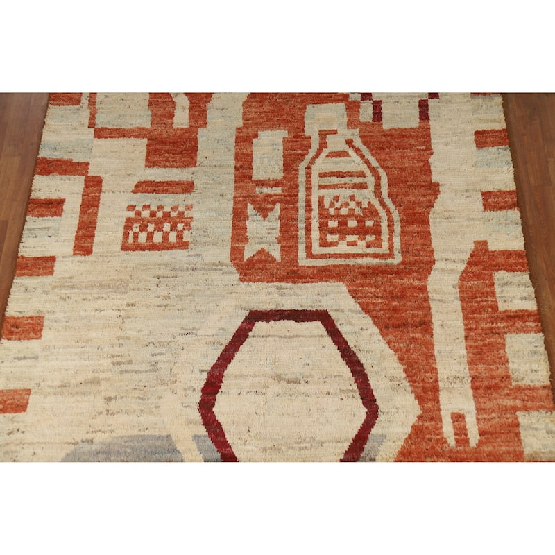 Moroccan Oriental Area Rug Hand-Knotted Beige Tribal Wool Carpet - 6'10" x 9'8"