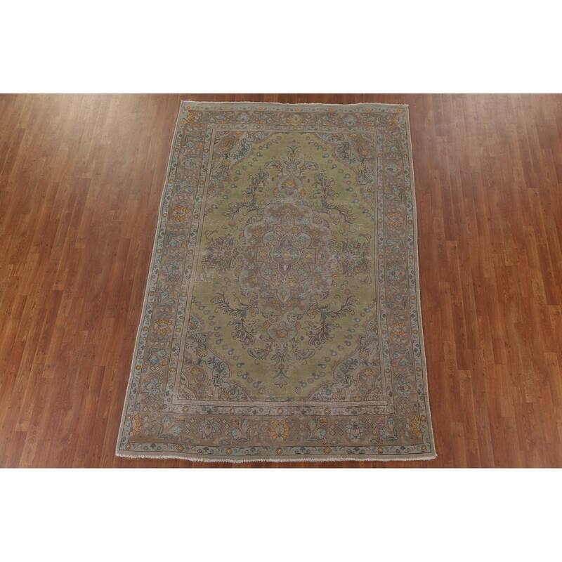 Green Distressed Tabriz Persian Antique Area Rug Handmade Wool Carpet - 6'6" x 9'8"