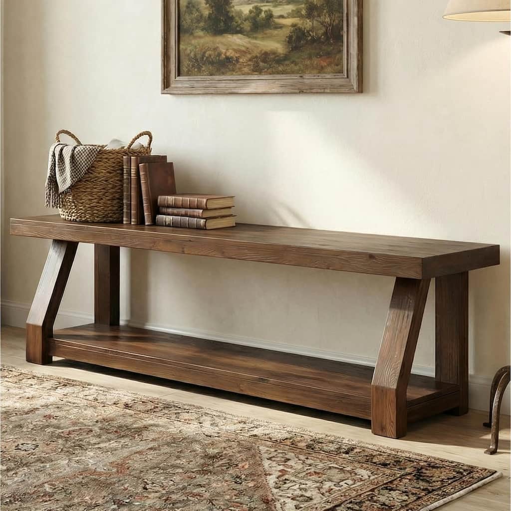 63" 2-Tier Solid Wood Entryway/Dining/Hallway/Accent Bench with Storage