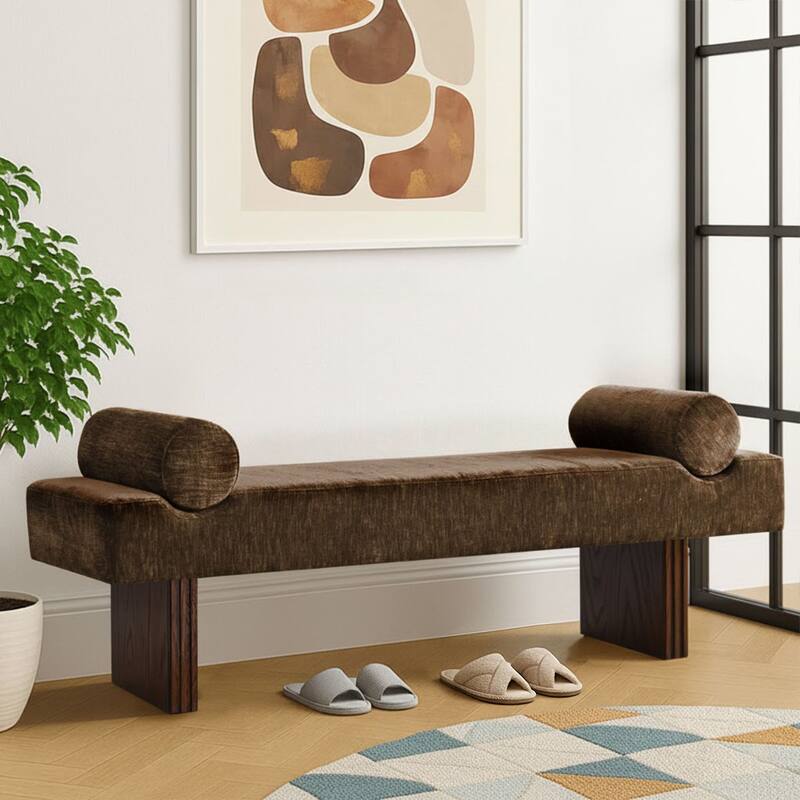 60" Upholstered Bedroom and Entryway Bench with Bolster Pillows