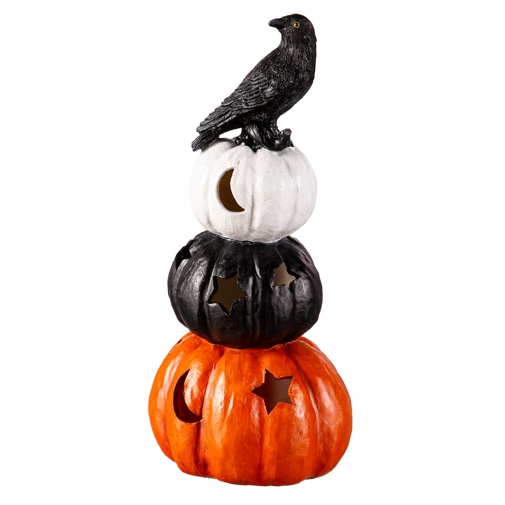 10.35" LED Resin Pumpkins with Crow Tabletop Decor