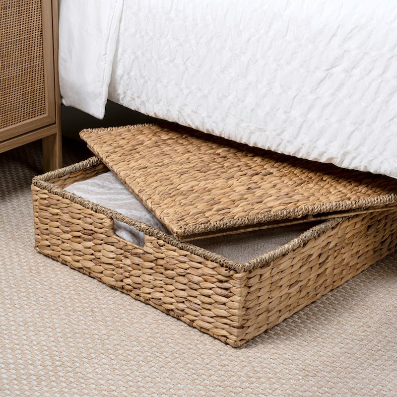 Happimess 30" Hand-Woven Underbed Wicker Storage Basket with Lid