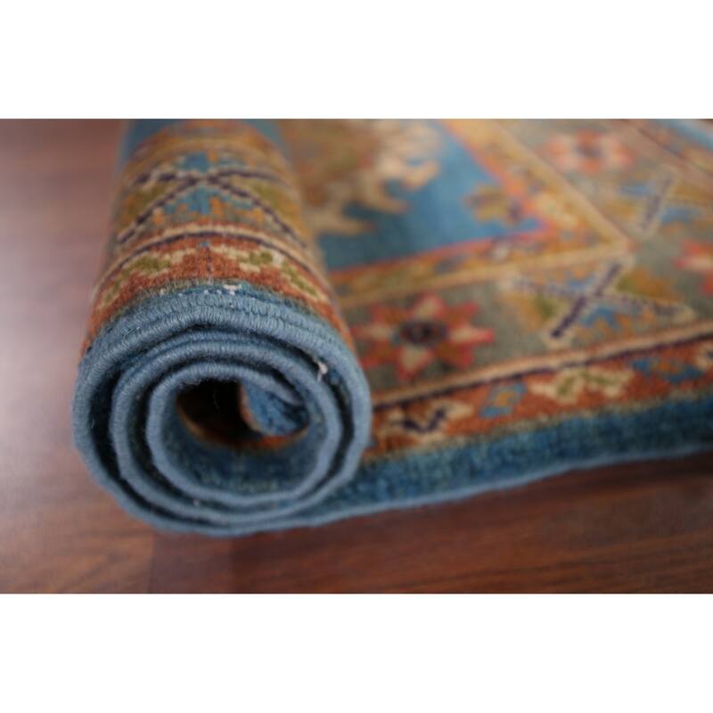 Blue Geometric Kazak Foyer Rug Hand-Knotted Oriental Wool Carpet - 2'0" x 3'1"