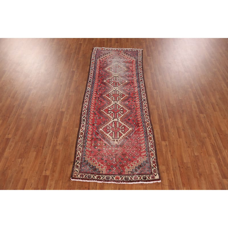 Hand Knotted Oriental 100% Wool Carpet Traditional Tribal Red Shiraz Runner Rug - 9' 4'' X 3' 5''