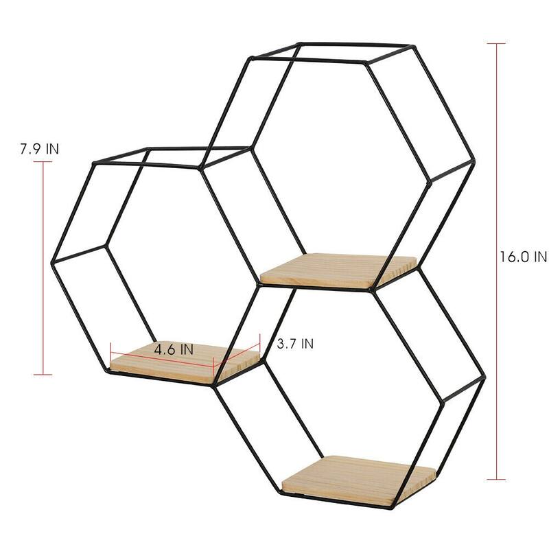 3.7" x 12.5" x 16" Hexagon Metal Modern Floating Shelf, Black