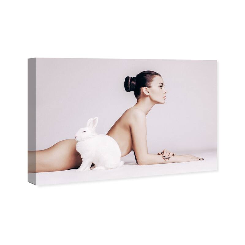 Wynwood Studio Canvas Fashion and Glam Bunny Rabbit Girl White and Light Gray Modern & Contemporary Wall Art Canvas Print