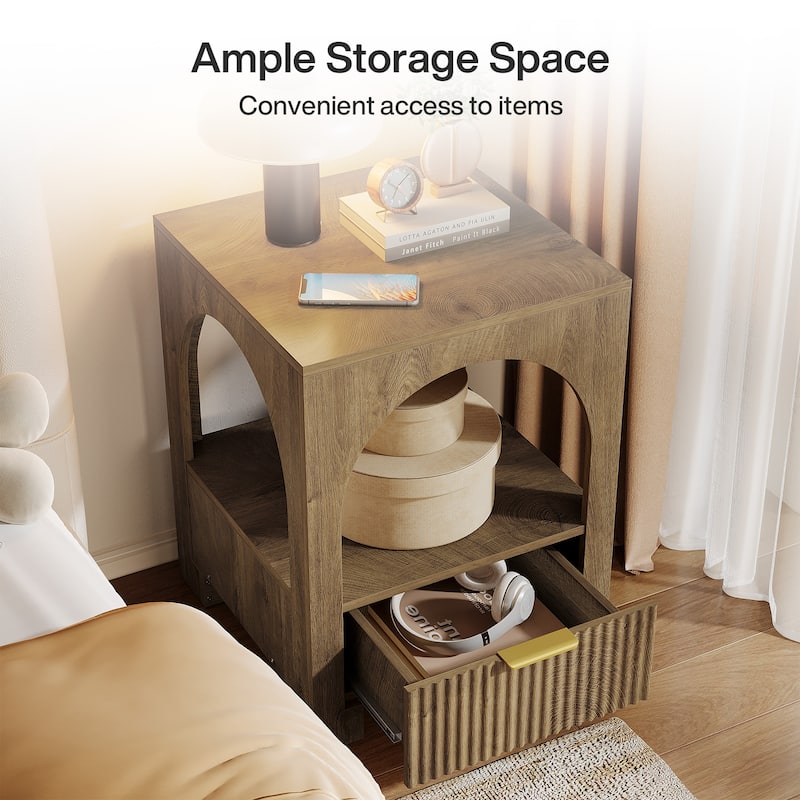 Wood Nightstand with Drawer & Open Shelf, 2-Tier Side Table, End Table, Bedside Table for Bedroom, Living Room