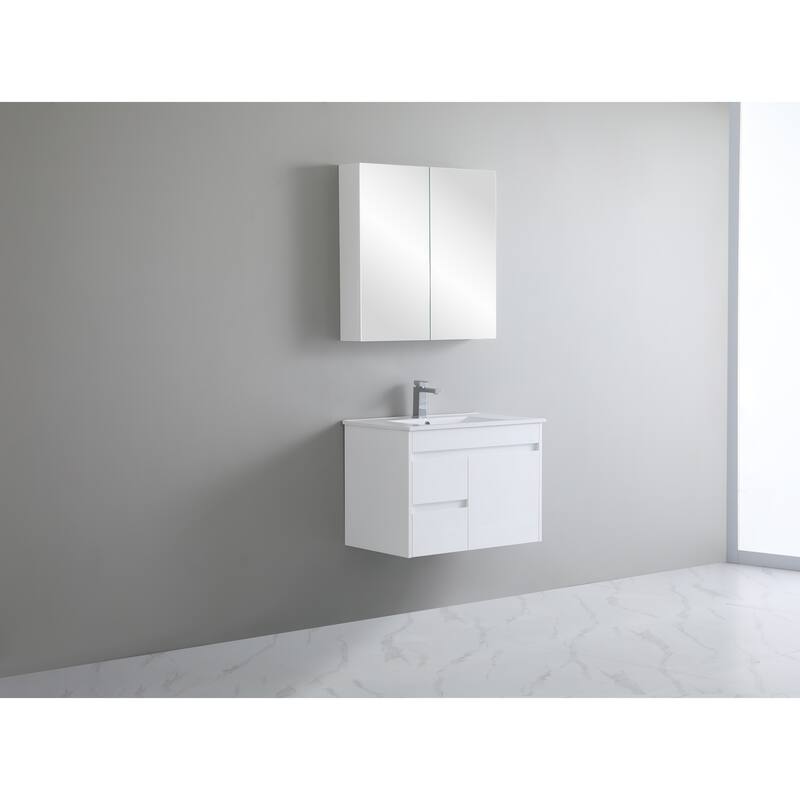 CB HOME 24"/30"/36"/48"/60" Pure White Bathroom Vanity, Floating Wall Mounted Cabinet w/ Integral Ceramic Sink Basin Countertop