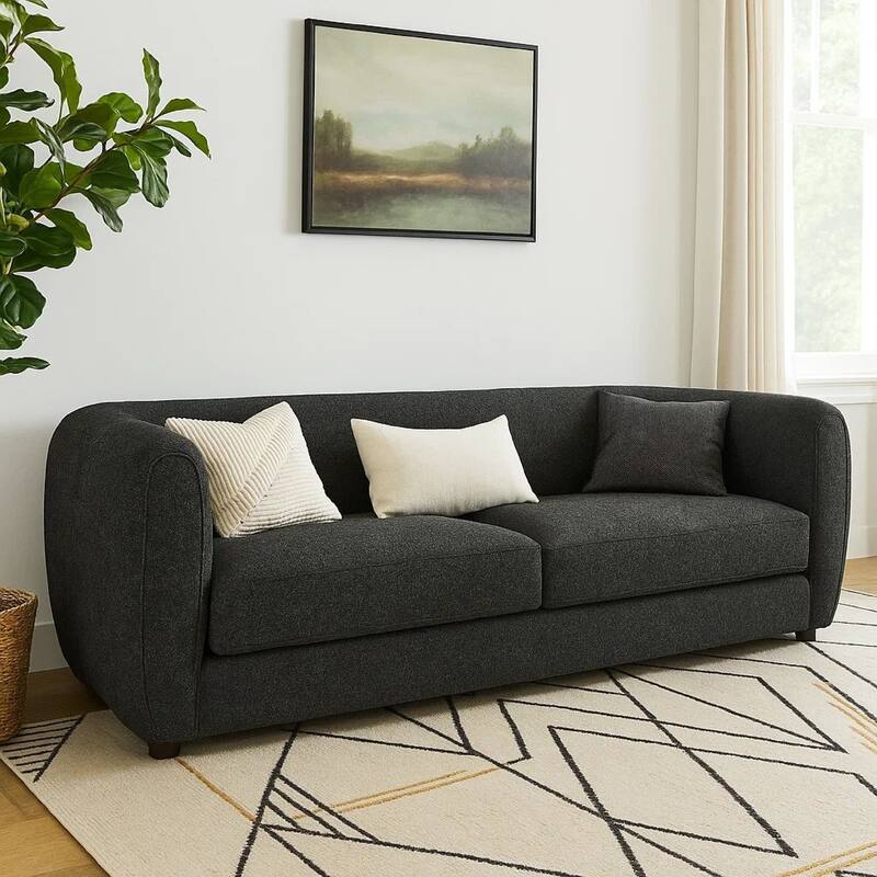 Dly Retro Sofa, Black Boucle Seat, Welt Trims, 87 Inch, Tuxedo Style