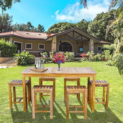 Chic Teak 7 Piece Teak Wood Antigua Patio Counter Height Bistro Set with 63" Rectangular Table and 6 Stools