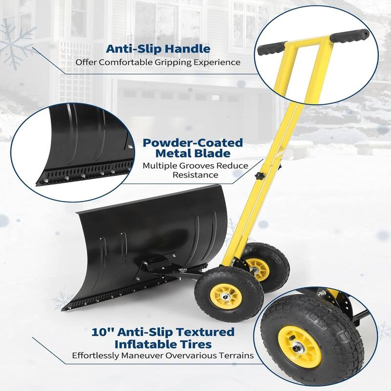 29x20 In Heavy Duty Rolling Snow Shovel With Wheels Double Armrests - 29x20 In
