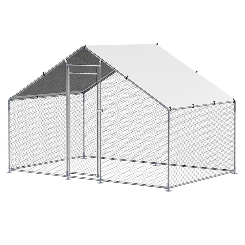 Silver Galvanized Steel Chicken Coop with Protective Net and PE Tarp Cover