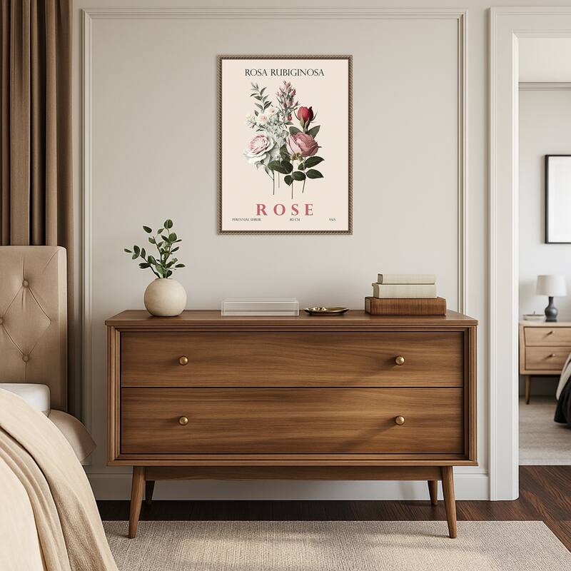 Vintage Botanical Rose Illustration by Christopher Giampietro Framed Canvas Wall Art Print