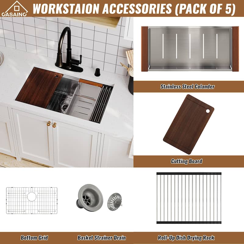 All-in-One Undermount Single Bowl 16 Gauge Nano Brushed Stainless Steel Workstation Kitchen Sink with Accessories and Faucet Set