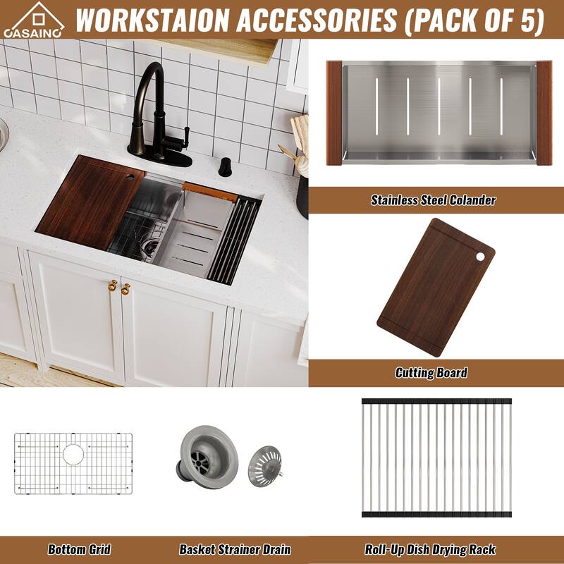 Stainless Steel Sink 16-Gauge Single Bowl Undermount Workstation Kitchen Sink with Accessories in Nano Brushed