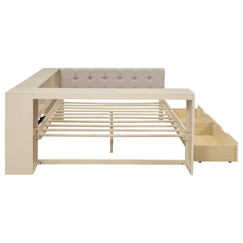 GDFStudio - Wood Platform Bed with Upholstered Headboard, Storage, Drawers & Charging Station