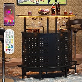 Smart LED Lights Bar Unit, 3-Tier Liquor Bar Table with Glasses Holder