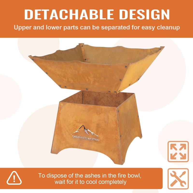 Aoodor 24" Rustic Corten Steel Fire Pit with 12" Stand, Rust Patina Finish, Detachable Wood-Burning Fire Bowl for Outdoors