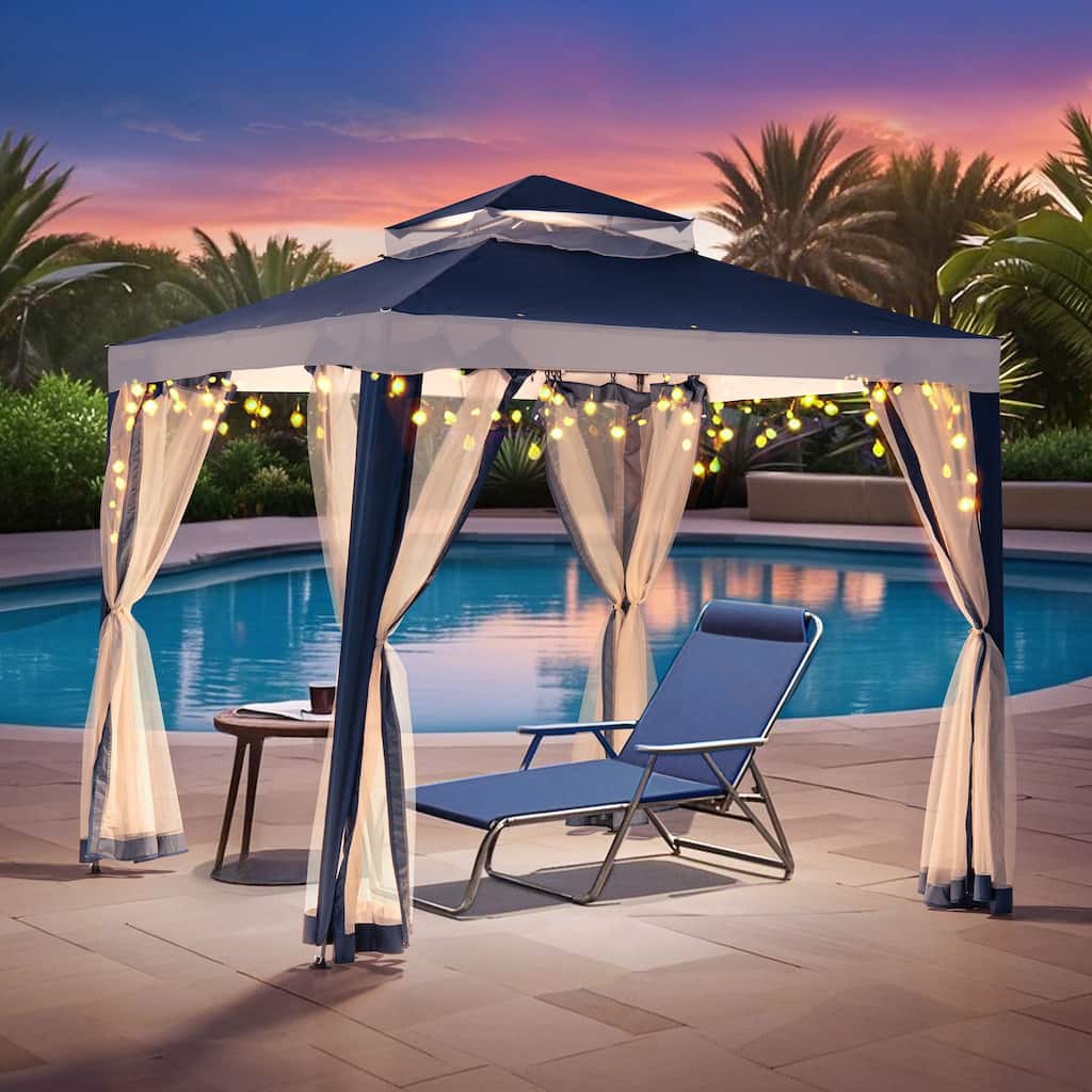 Sunjoy 8 x 8 Outdoor Patio Gazebo Outdoor Backyard Modern 2 Tier Steel Frame Soft Top Gazebo with Mesh Netting Grey Khaki