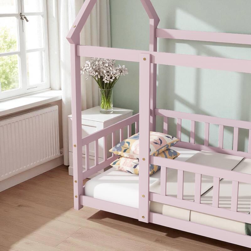 Twin Size Wooden House Floor Bed with Roof Frame and Safety Guardrails, Solid Rubber Wood Montessori Bed for Kids