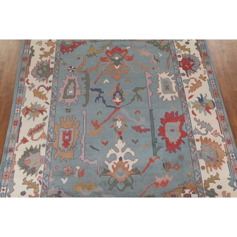 Floral Blue Oushak Oriental Area Rug Hand-Knotted Wool Carpet - 9'3" x 12'0"